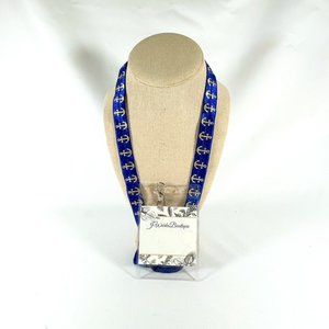 Beautiful, Blue Silk Lanyard with Gold Anchors, Lobster Claw Clasp & Card Pouch
